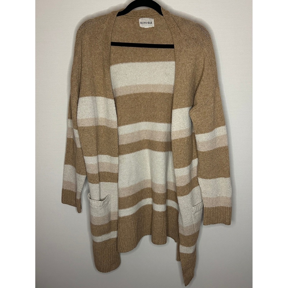 Olive + Oak Neutral Striped Open Front Knit Cardigan XL Fall Cozy Relaxed Fit